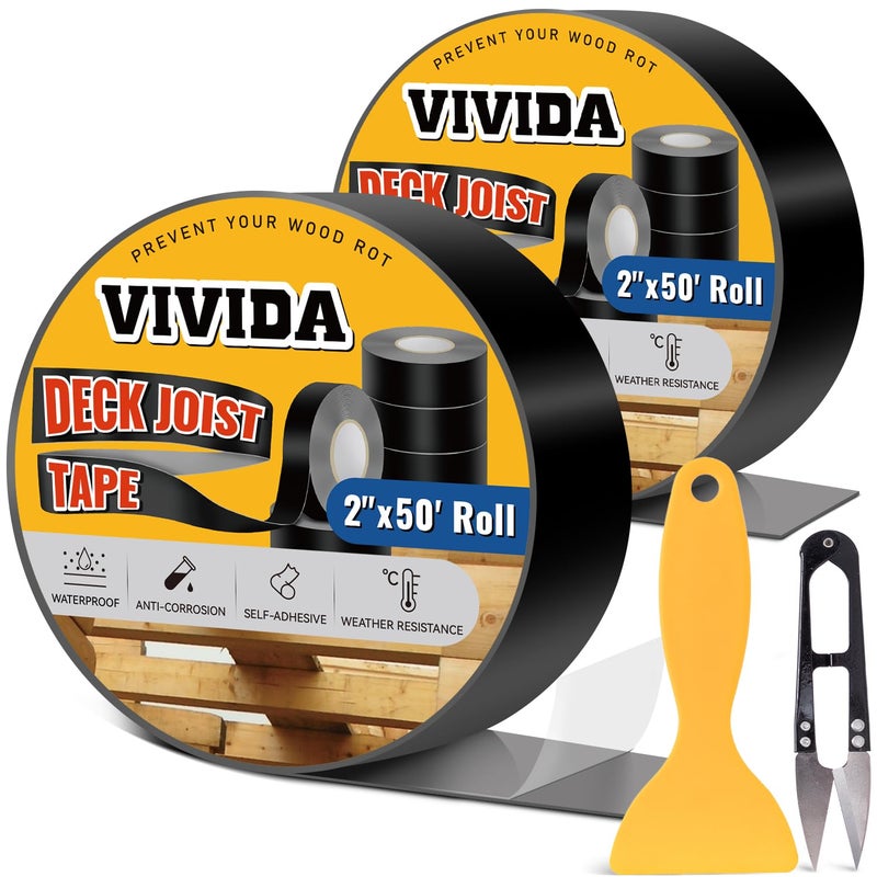 VIVIDA Butyl Joist Tape for Decking 2" × 50' (2 Roll), Waterproof Deck Joist Butyl Sealant Tape for Wood Beams, Roof - Image 1